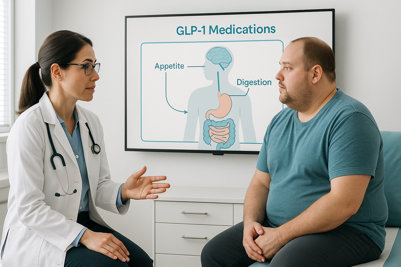 Licensed physician consulting with adult patient while digital screen shows how weight loss injections near me affect appetite and digestion