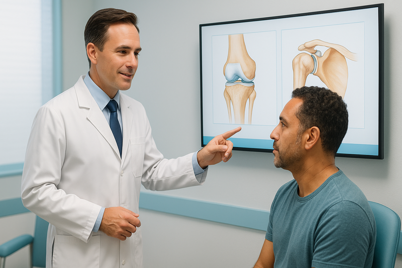 Board-certified orthopedic surgeon consulting with adult patient in a bright clinic, highlighting best orthopedic surgeon near me expertise.