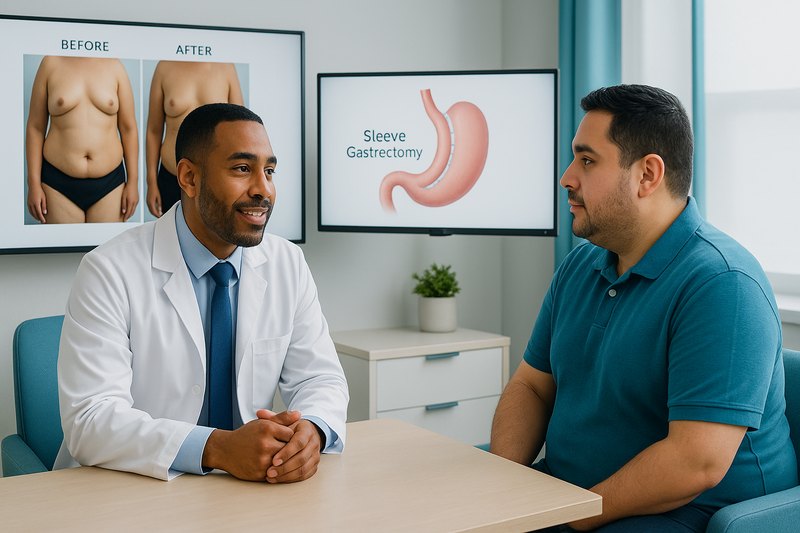 Bariatric surgeon and adult patient review gastric sleeve surgery before and after photos and stomach diagram together in a modern clinic