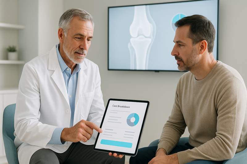 Orthopedic surgeon explains knee replacement surgery cost breakdown to patient using digital tablet and knee diagram in a modern consultation room