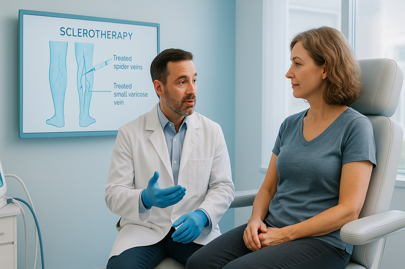 Physician explaining sclerotherapy vein treatment near me with leg vein diagram in a bright modern clinic