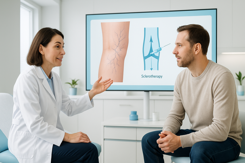 Physician consulting patient about spider vein removal near me, with digital screen showing treatment diagram in modern clinic