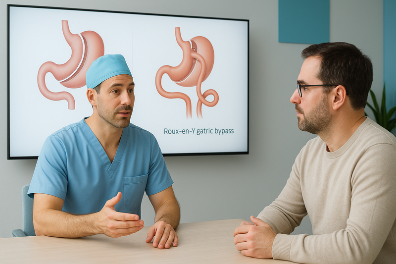Bariatric surgeon consulting with patient, showing medical diagrams of gastric bypass vs sleeve procedures side by side.