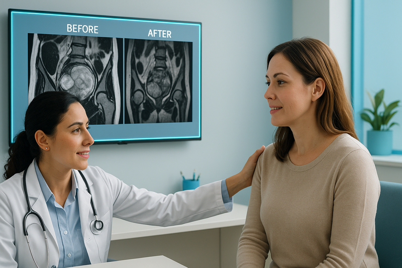 Female doctor discusses uterine artery embolization effectiveness with patient using before-and-after MRI scans to show fibroid reduction.