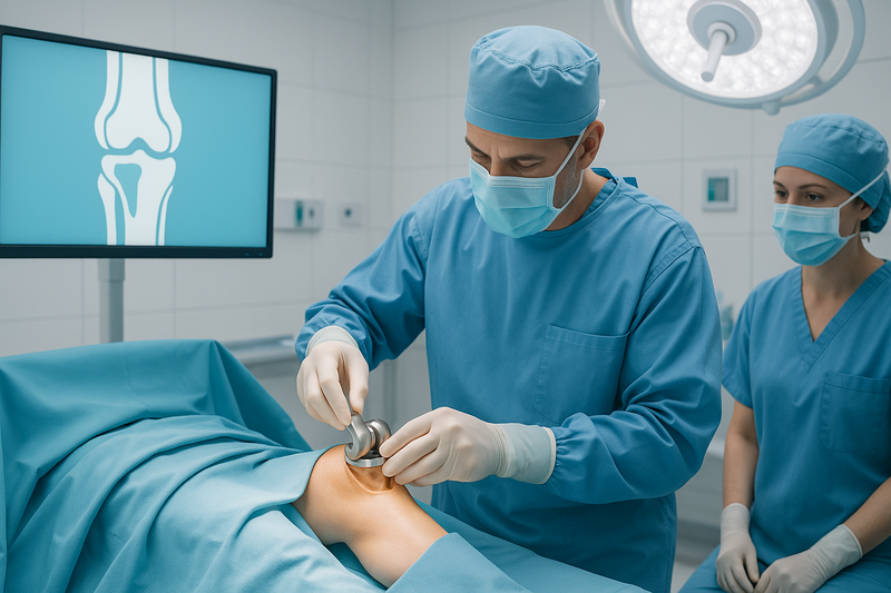 Orthopedic surgeon performing minimally invasive partial knee replacement surgery in a modern, well-lit operating room using advanced techniques.