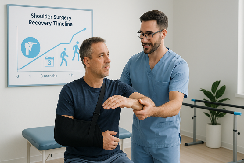 Physical therapist guides a patient with a sling through gentle shoulder mobility exercises in a modern clinic, highlighting the shoulder replacement surgery recovery timeline.