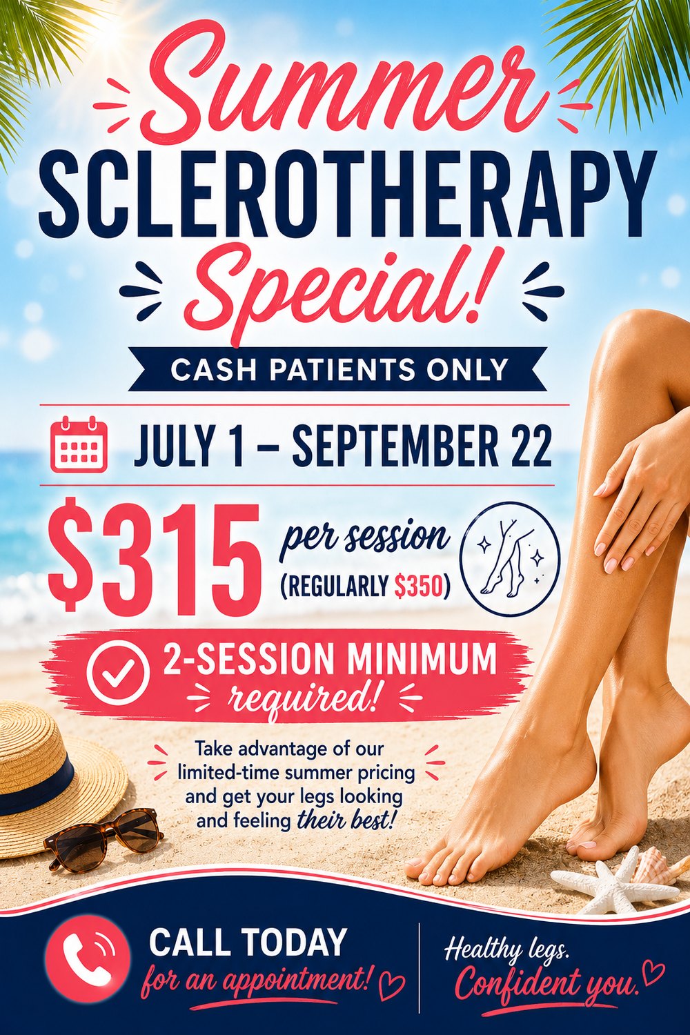 Summer Sclerotherapy Special at West Medical: $315 per session for cash patients, July 1 through September 22. Call today for an appointment.