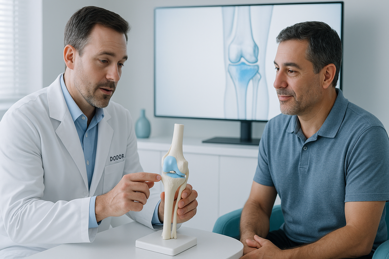 Orthopedic surgeon consulting patient with knee model and digital display highlighting one knee compartment, illustrating partial knee replacement surgery.