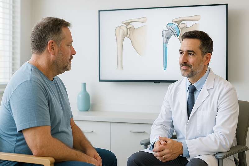 Orthopedic surgeon consulting with a patient about shoulder replacement surgery, showing a medical illustration of a prosthetic shoulder joint.