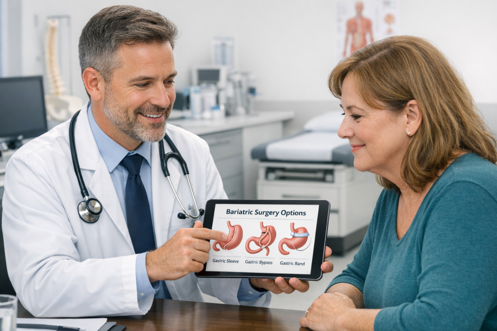 Doctor explaining bariatric surgery process to patient in a bright, modern clinic consultation room