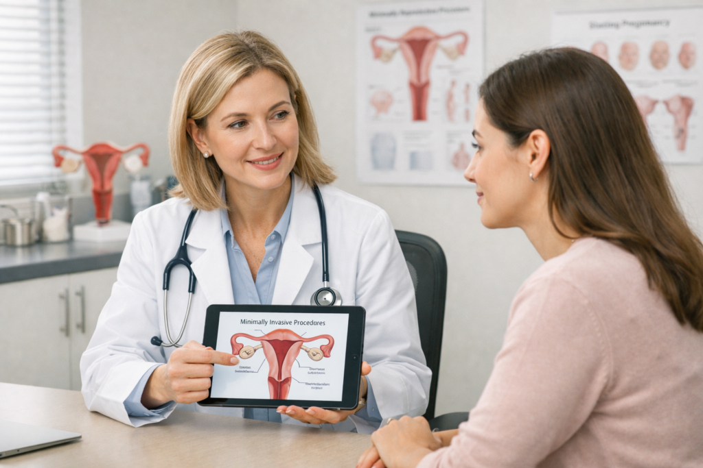 Doctor explaining uterine artery embolization to patient in modern clinic, using medical diagrams and digital tablet