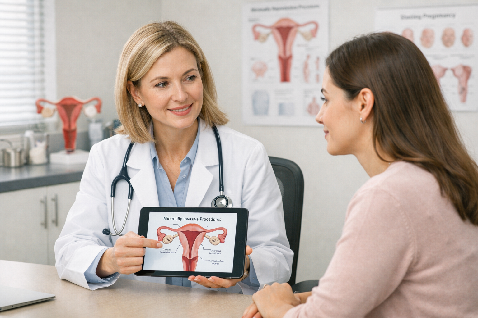 Doctor explaining uterine artery embolization to patient in modern clinic, using medical diagrams and digital tablet