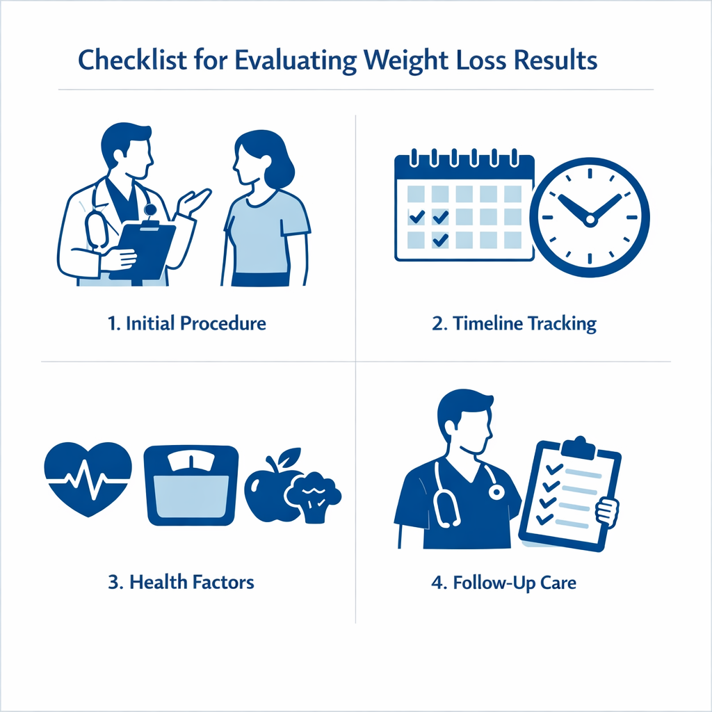 Step-by-step infographic showing weight loss evaluation process with procedure, timeline, health, and follow-up care icons.
