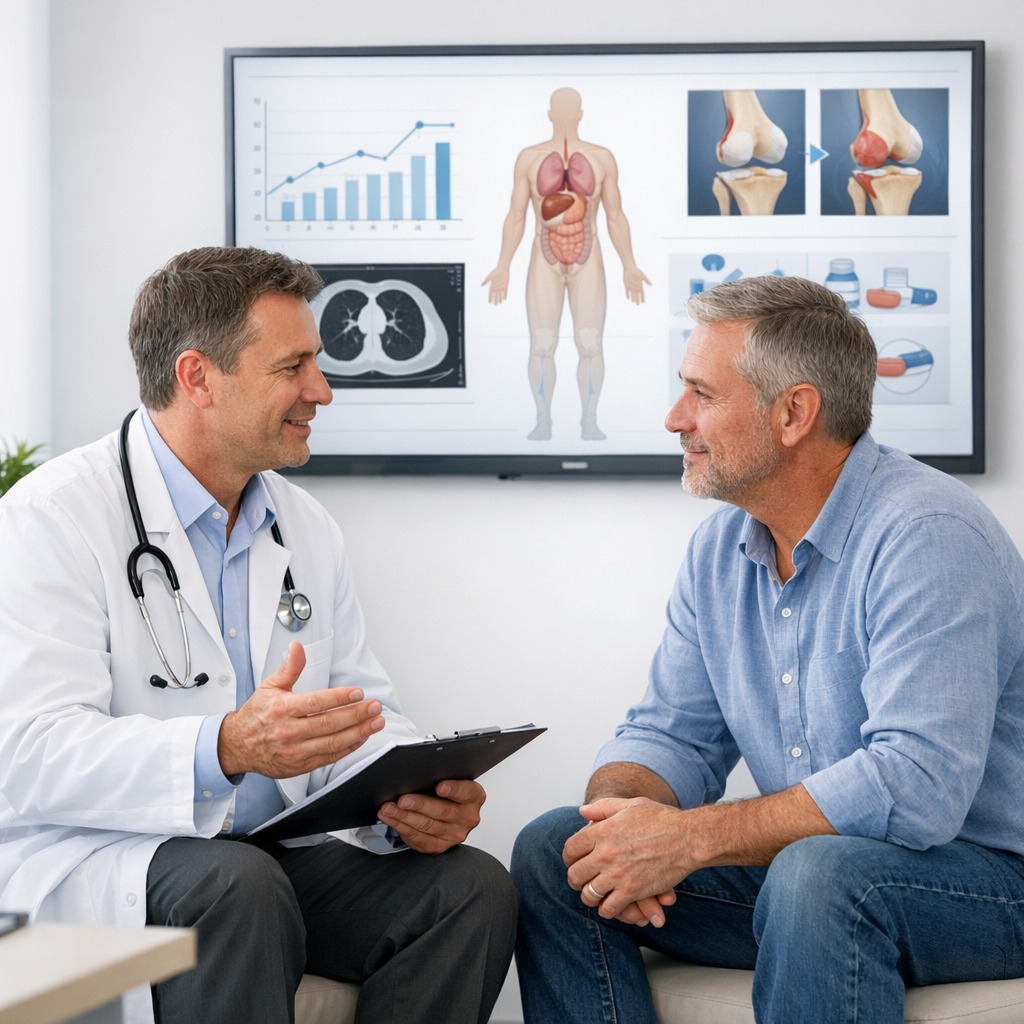 Doctor and adult patient reviewing medical charts during a supportive follow-up visit in a modern clinic