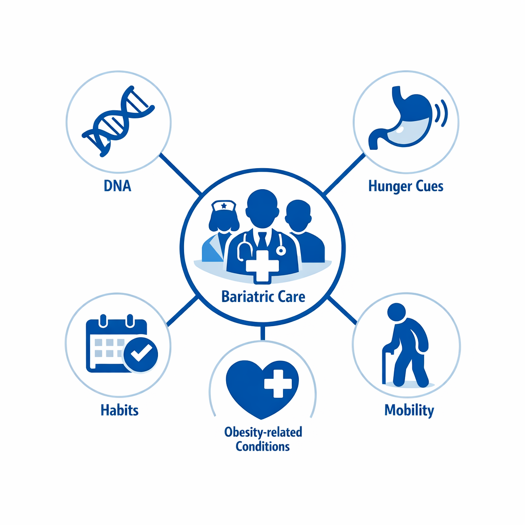 Infographic showing factors in long-term weight management and bariatric care support.