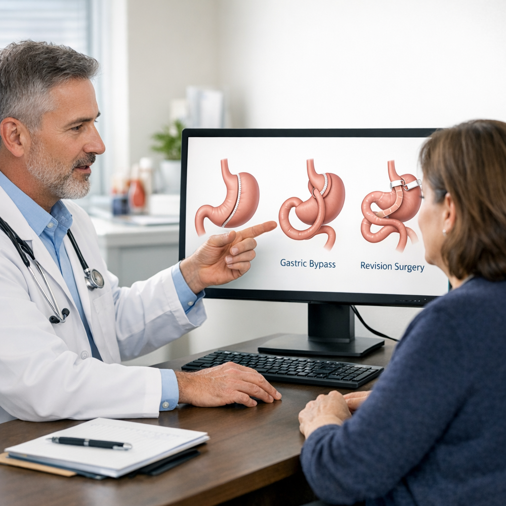 Physician explaining bariatric surgery options with procedure diagrams during patient consultation