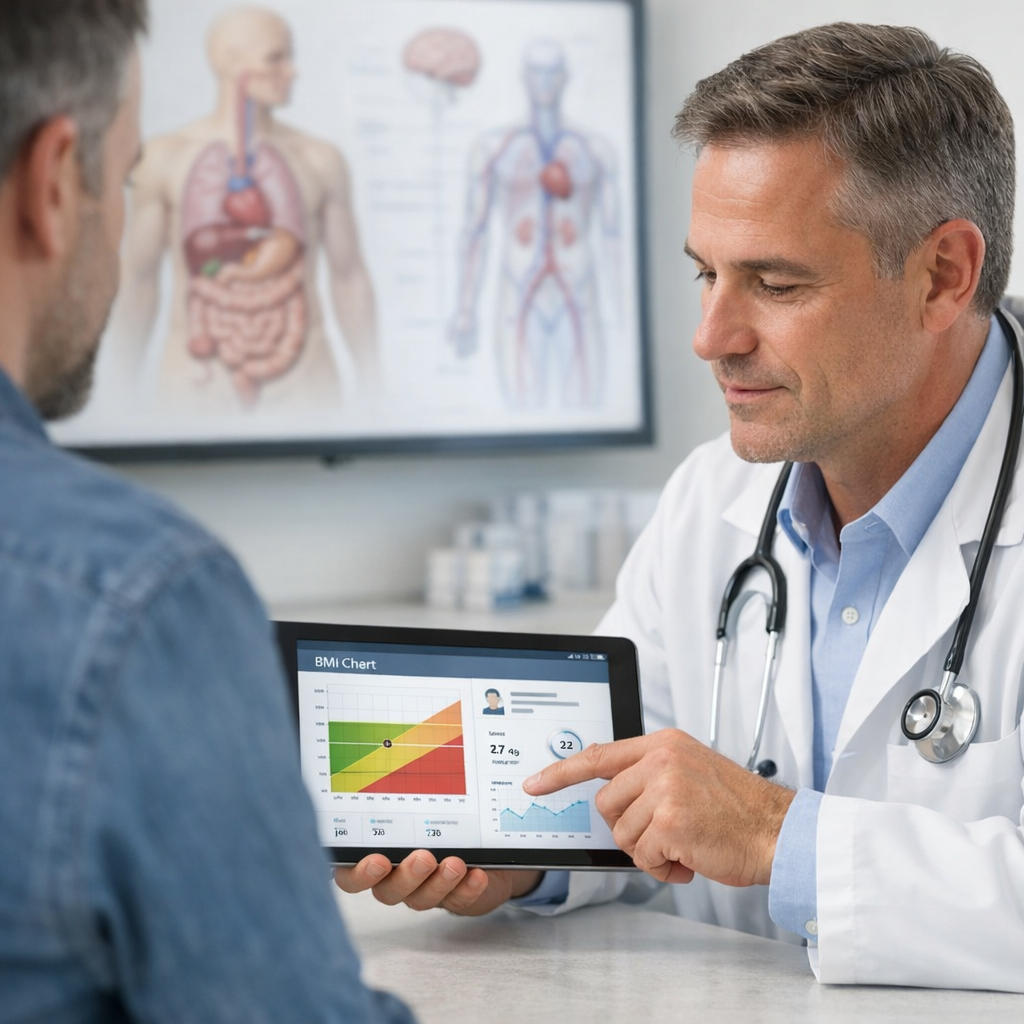 Doctor reviewing BMI chart and patient health profile on tablet during consultation in clinical office