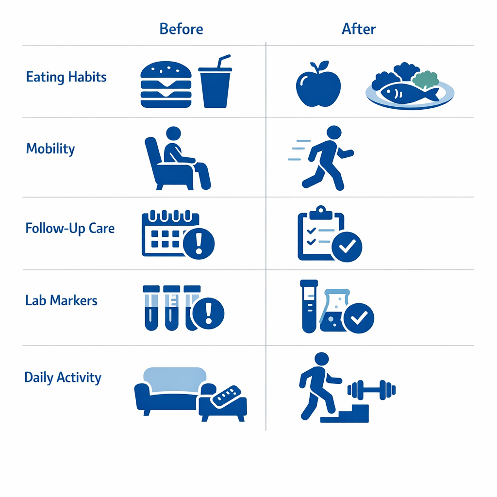 Infographic comparing five health dimensions before and after: eating, mobility, care, labs, activity.