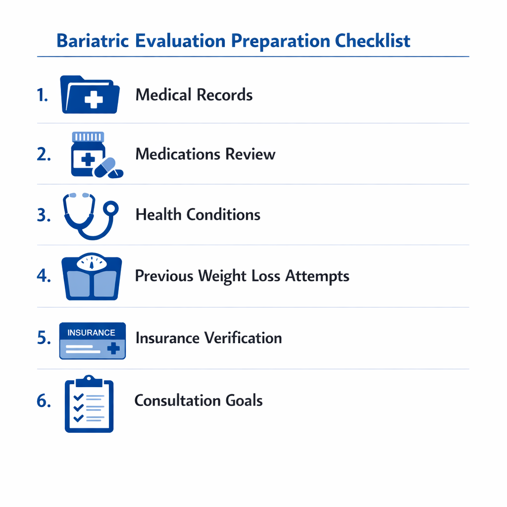 Step-by-step icons for preparing for a bariatric evaluation, including records, medications, and consultation goals.