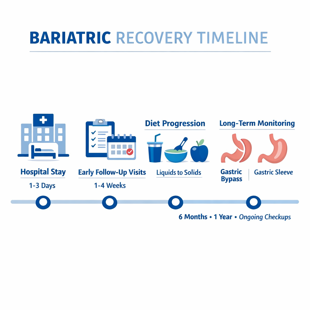 Timeline infographic of bariatric recovery stages for bypass and sleeve procedures.