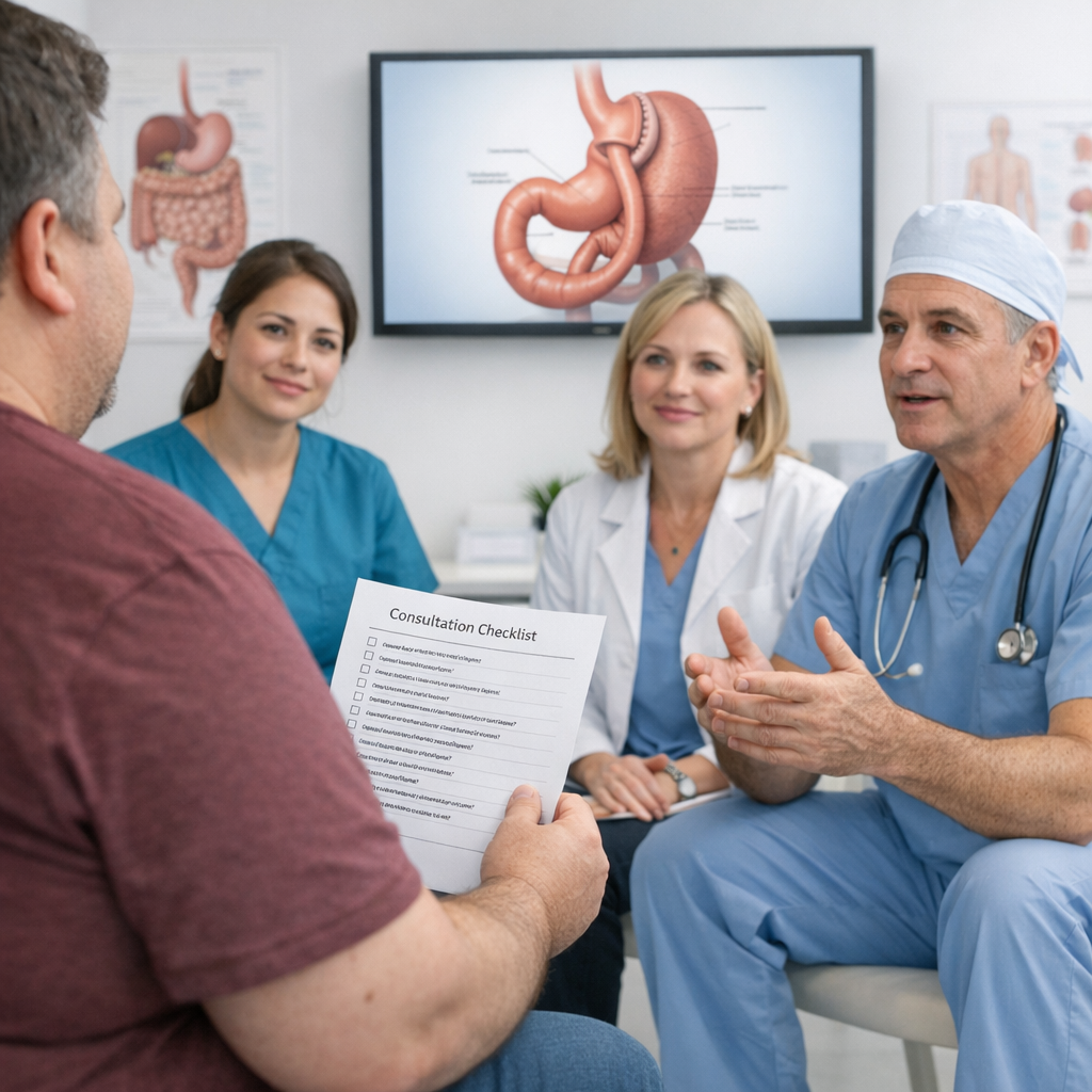 bariatric care team consulting with patient holding checklist in bright clinical office