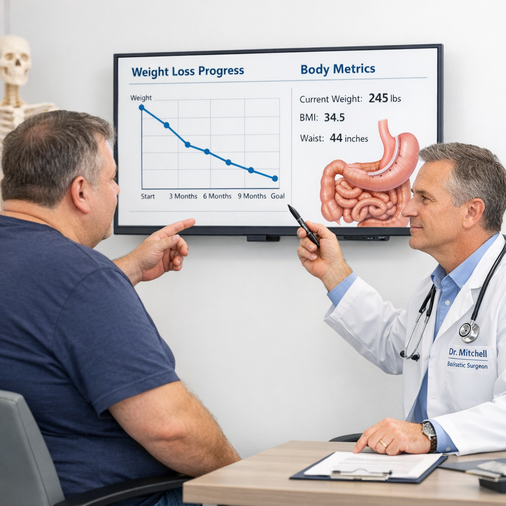 Adult patient consulting bariatric surgeon while reviewing progress chart and body metrics on clinical monitor