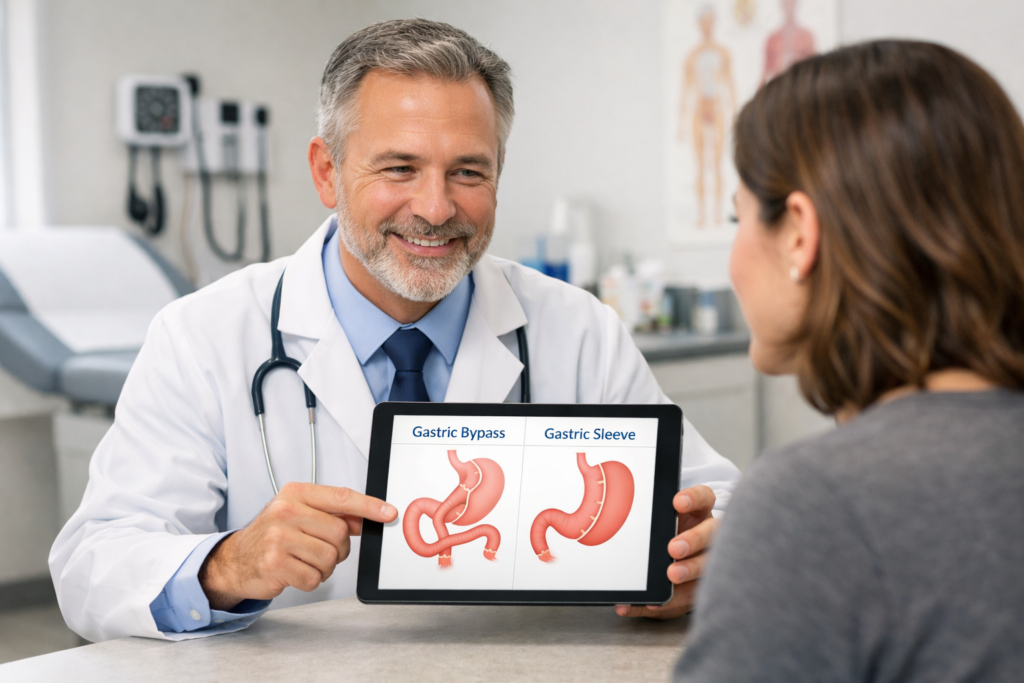 Doctor explaining gastric bypass and sleeve surgery differences to patient with anatomical diagrams in a modern clinic