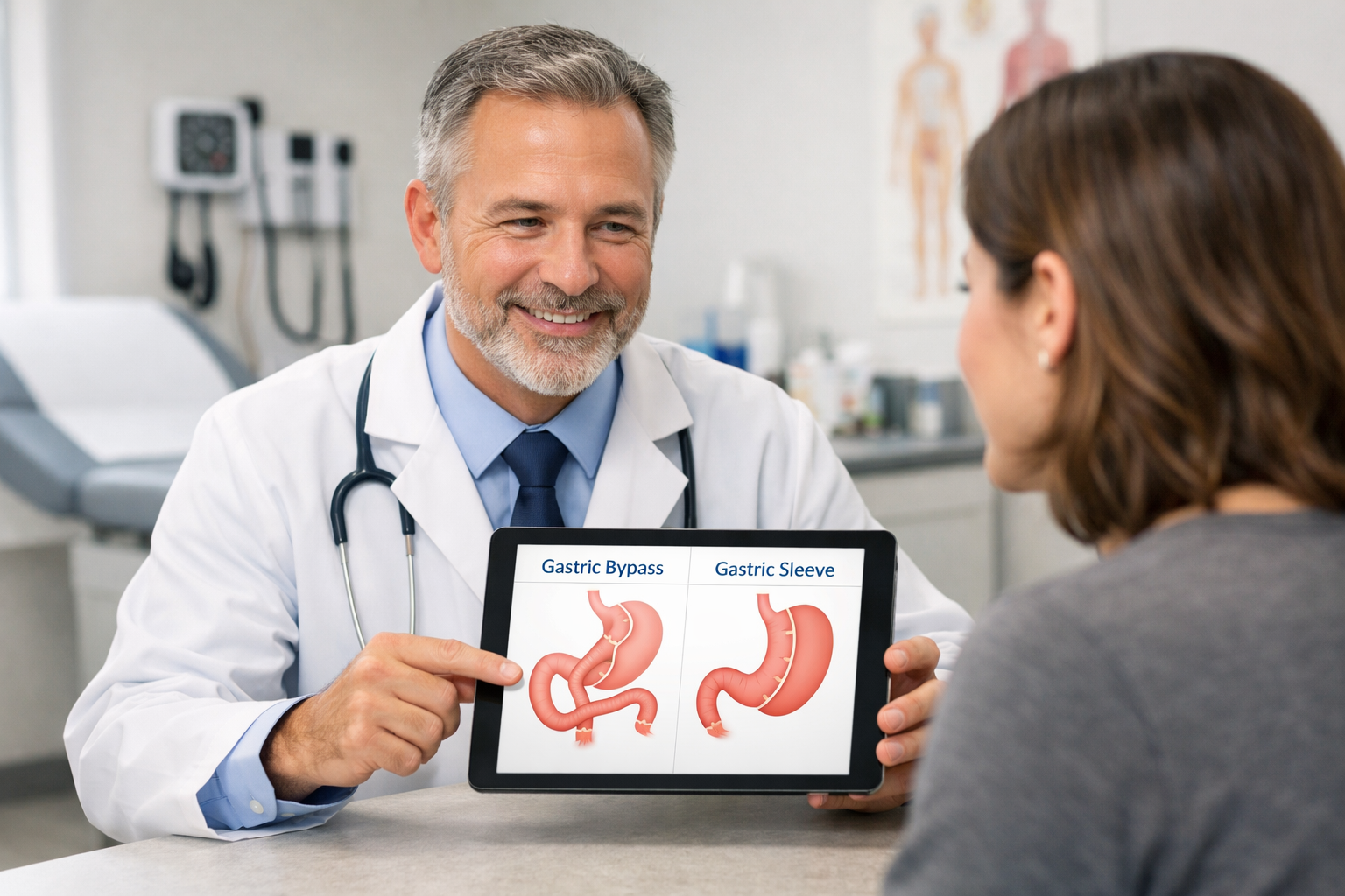 Doctor explaining gastric bypass and sleeve surgery differences to patient with anatomical diagrams in a modern clinic