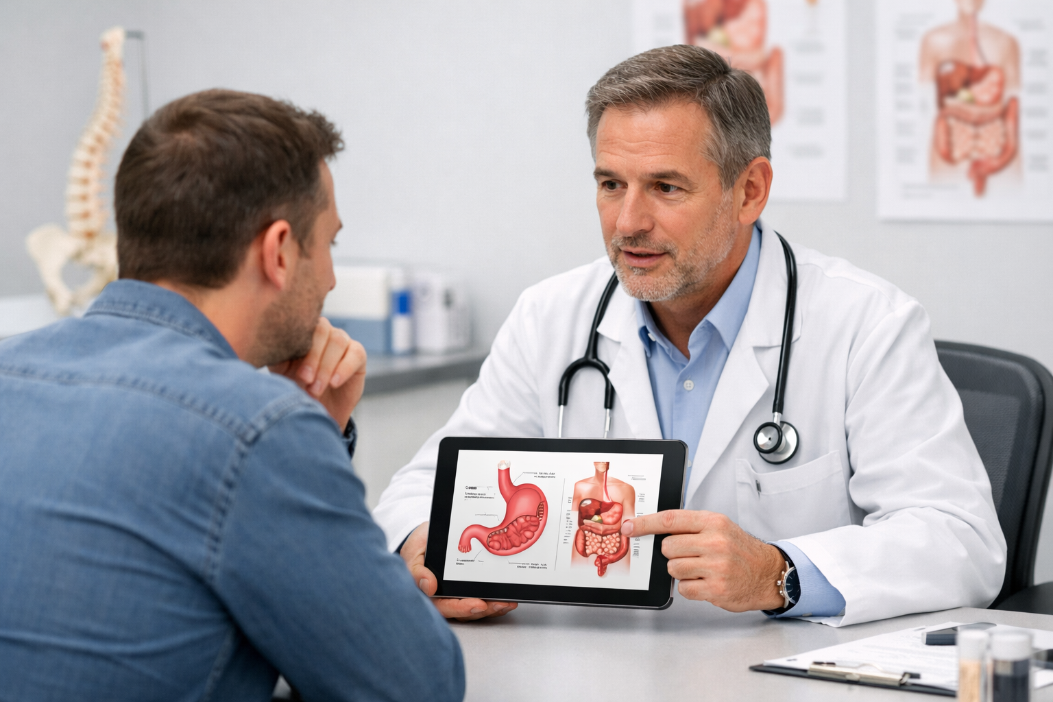 Doctor explaining sleeve gastrectomy procedure to patient in a modern clinic, using anatomical diagrams and digital tablet