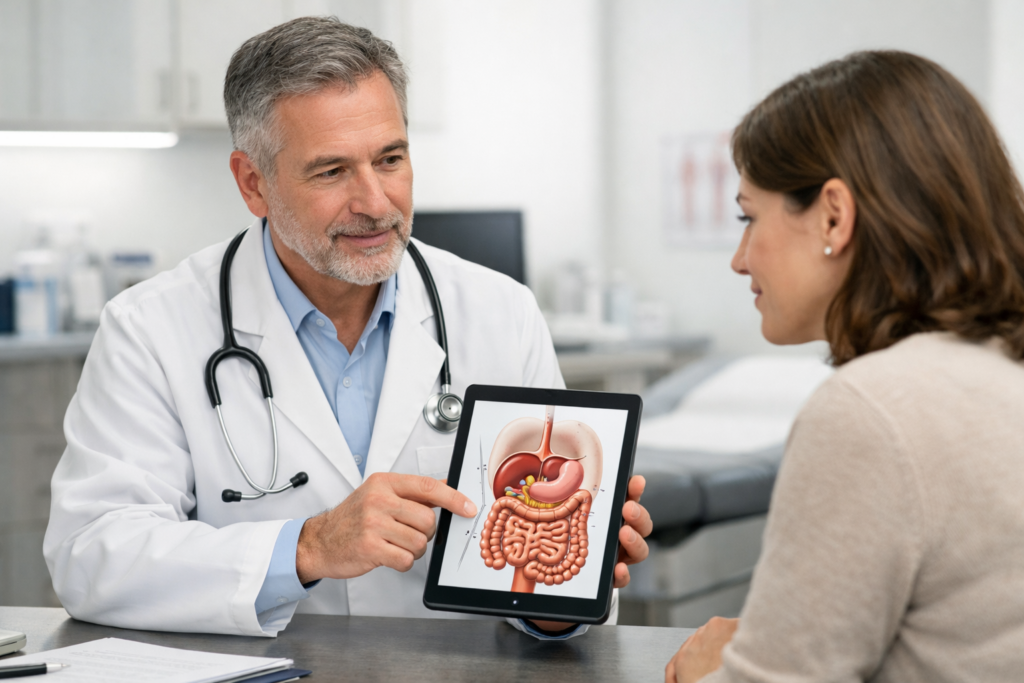 Doctor explains diverticulitis surgery options to patient in modern clinic, using tablet with digestive system diagram