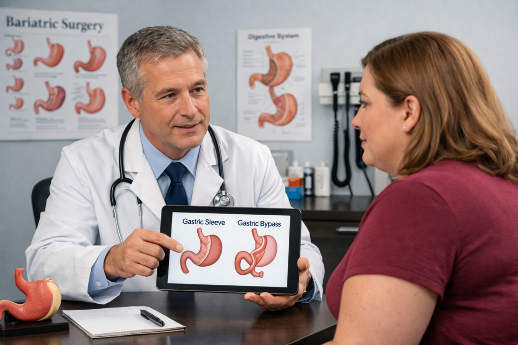 Doctor and patient discussing bariatric surgery options in a modern clinic, reviewing stomach diagrams on a tablet