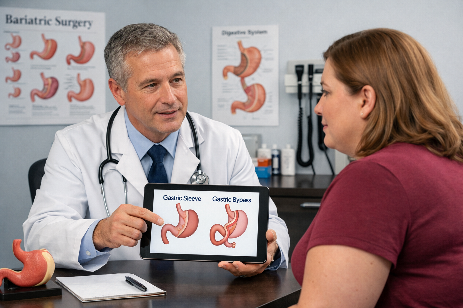 Doctor and patient discussing bariatric surgery options in a modern clinic, reviewing stomach diagrams on a tablet