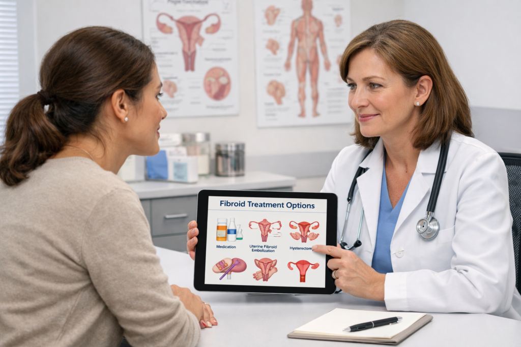 Doctor discussing fibroid medicine options with a patient in a modern clinic, highlighting professional fibroid care