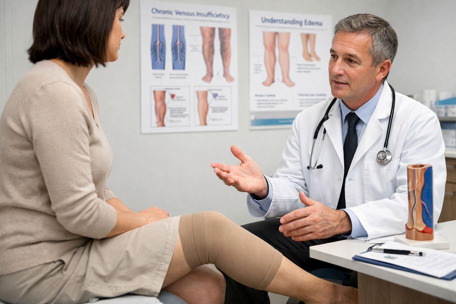 Doctor explaining compression garments for edema to patient in modern clinic, compression sleeve on patient's leg