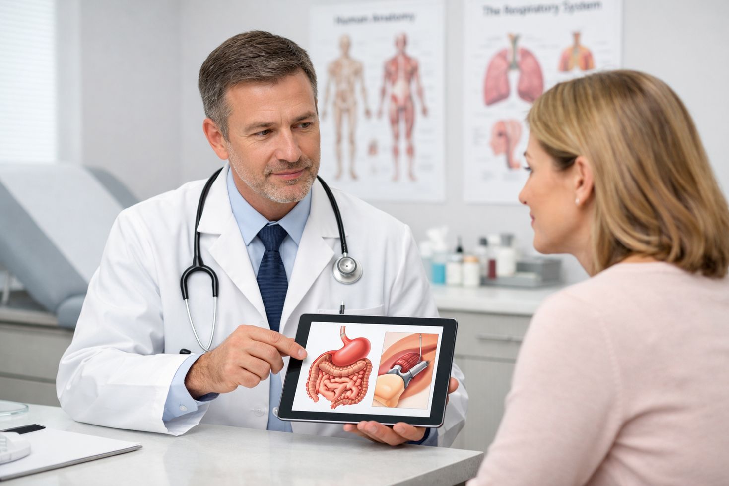 Doctor explaining gastric sleeve surgery benefits and risks to patient in modern clinic consultation