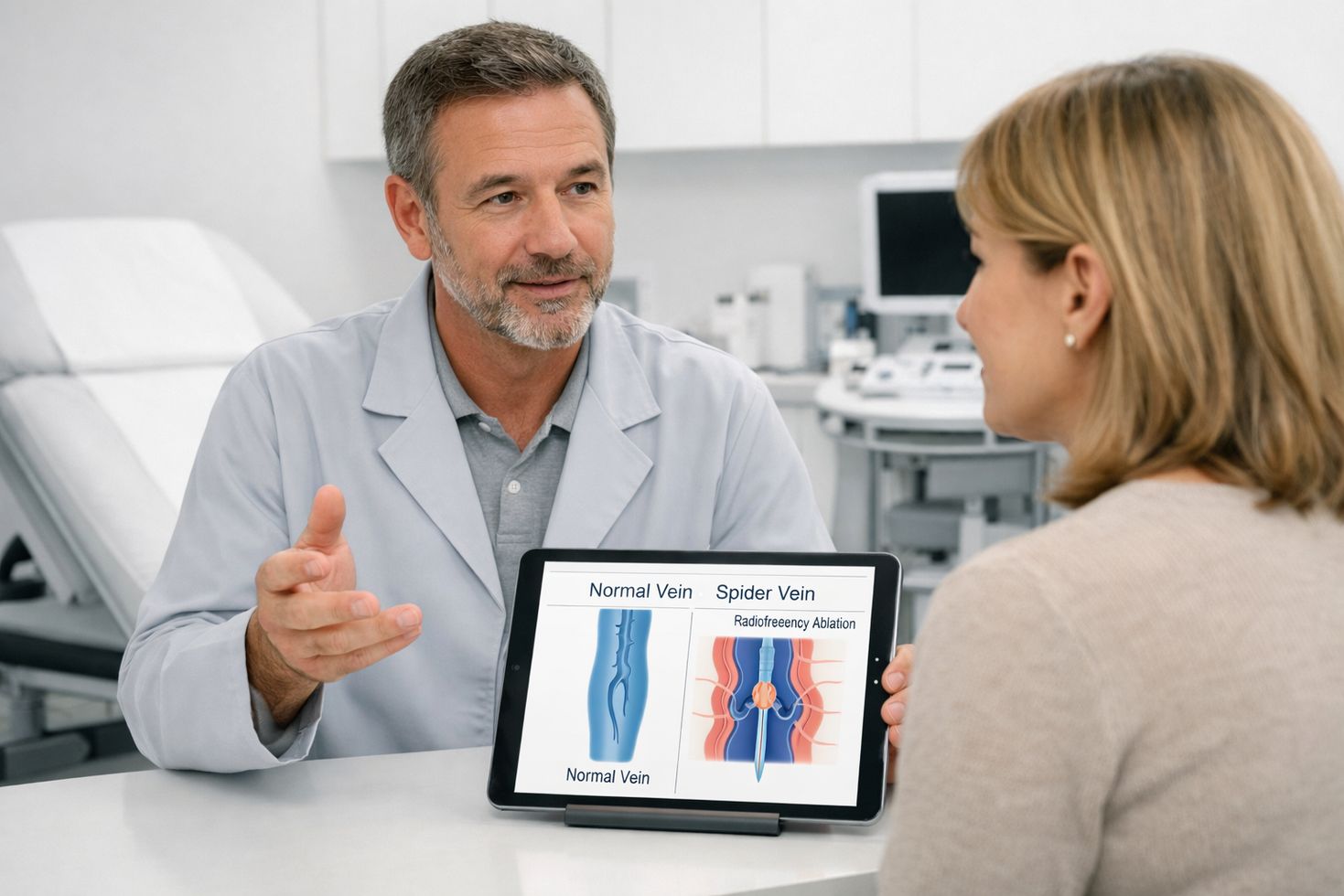 Doctor explaining radiofrequency ablation for spider veins to a patient in a modern vein treatment clinic