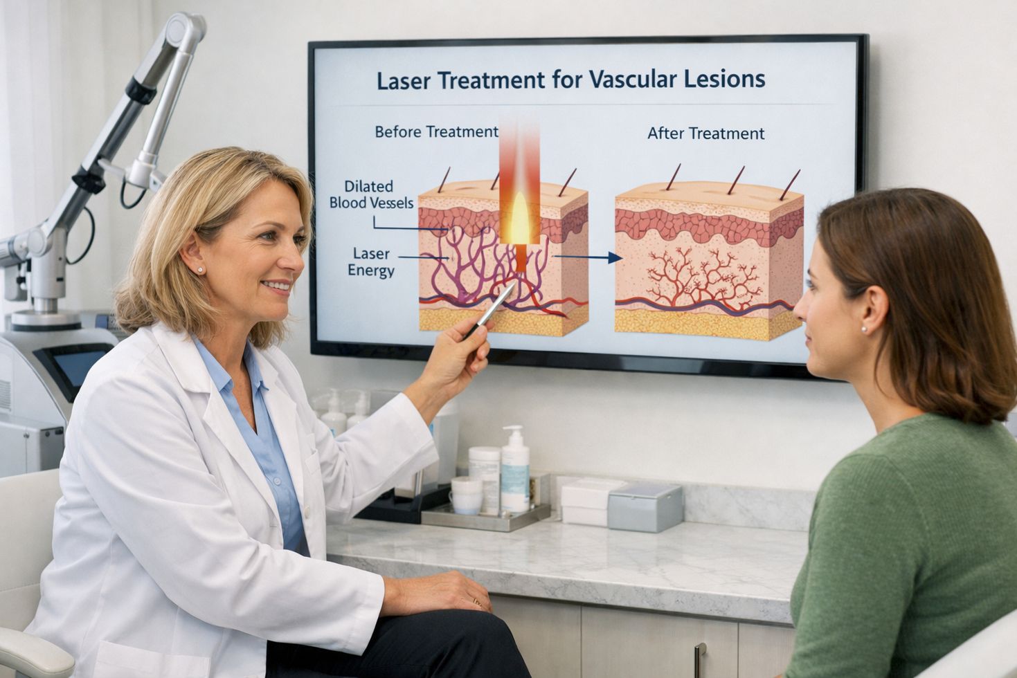 Doctor discussing laser treatment for broken capillaries with patient in a modern vein clinic consultation room