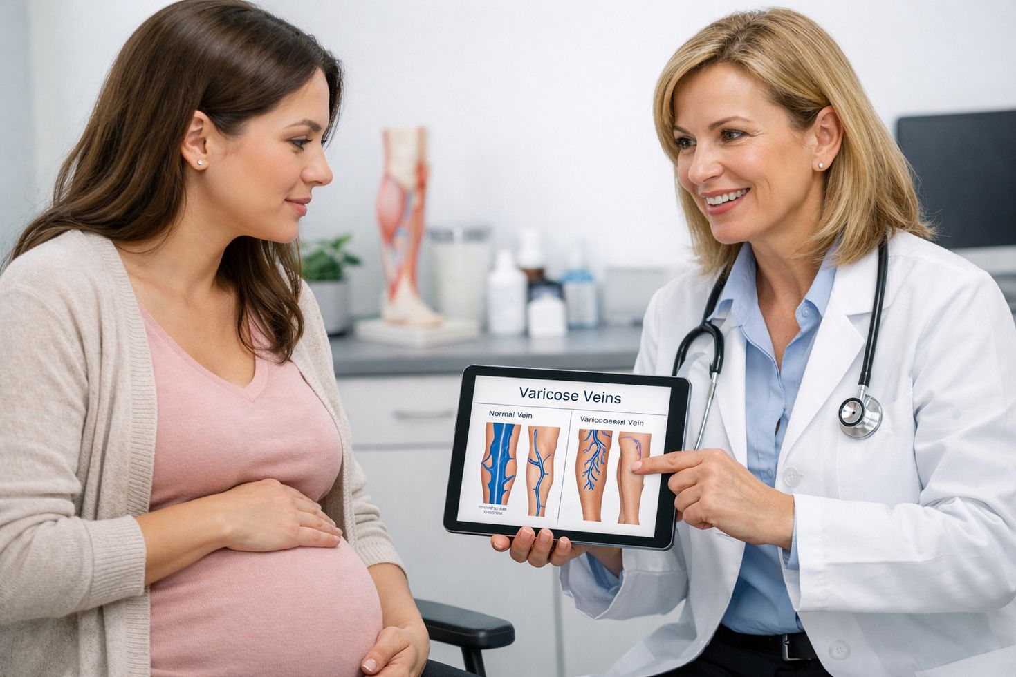 Pregnant woman consulting with a doctor about varicose vein relief and treatment in a modern clinic