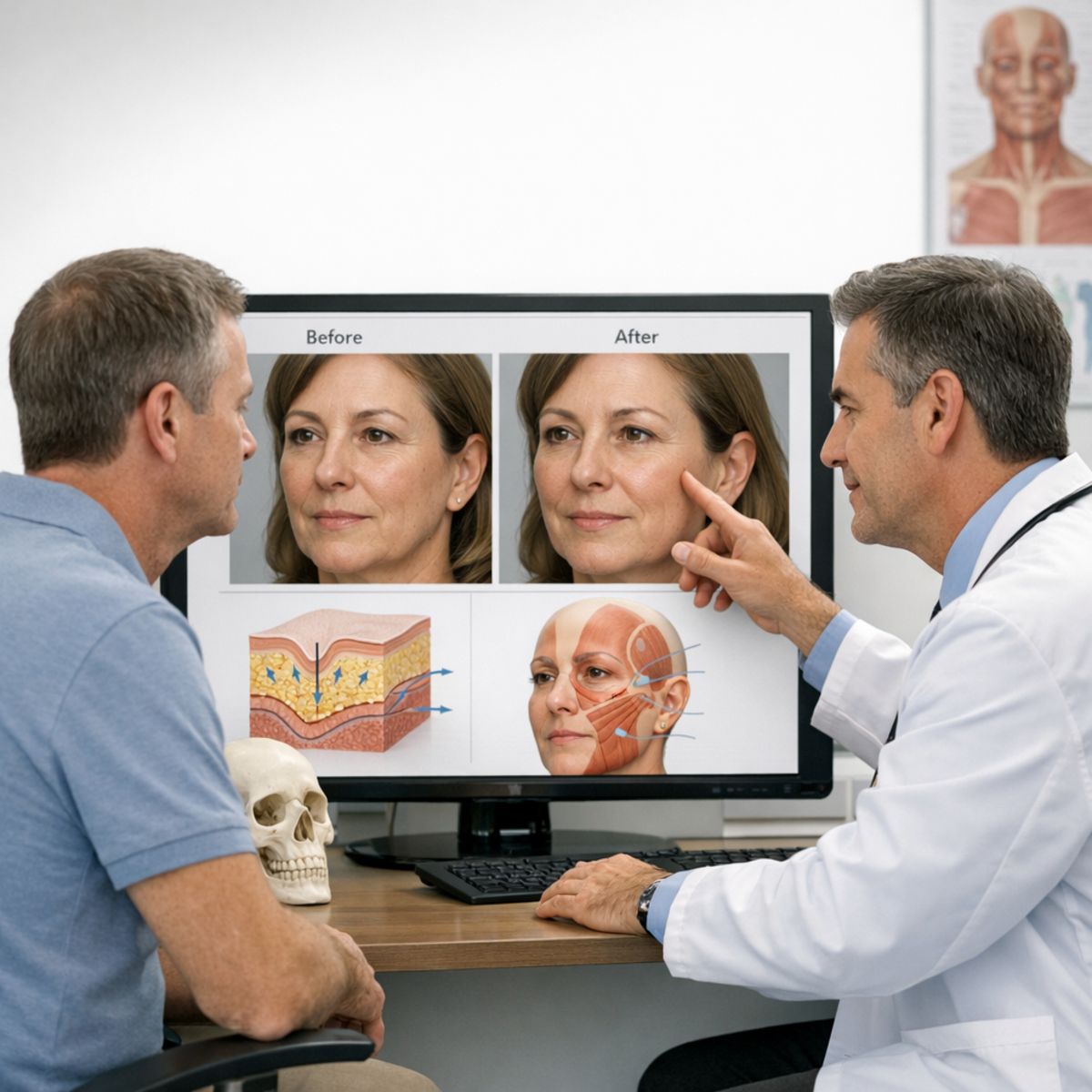 Adult patient and doctor reviewing subtle before-and-after treatment planning images on clinical monitor