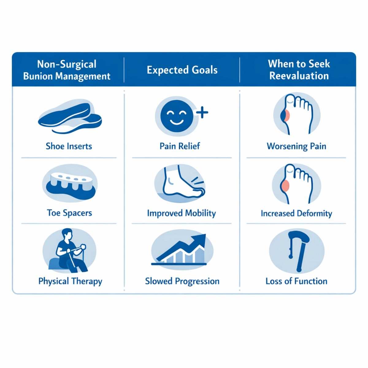 Infographic comparing non-surgical bunion treatments, goals, and signs for reevaluation.