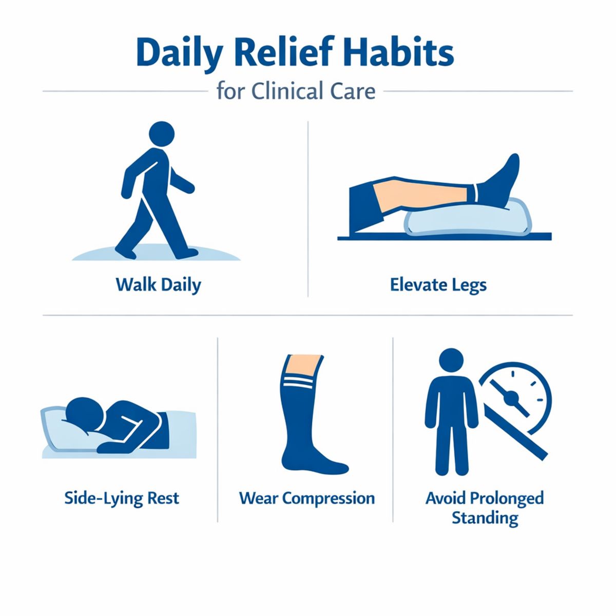 Infographic with five icons showing daily relief habits: walking, leg elevation, side-lying, compression, avoiding standing.