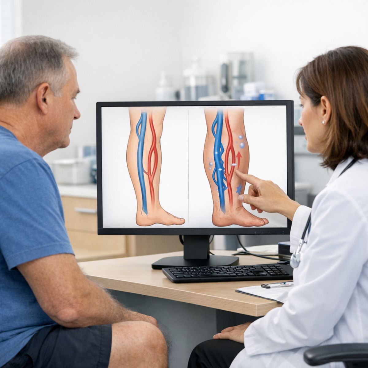 Adult patient and physician reviewing leg circulation diagram during clinic consultation