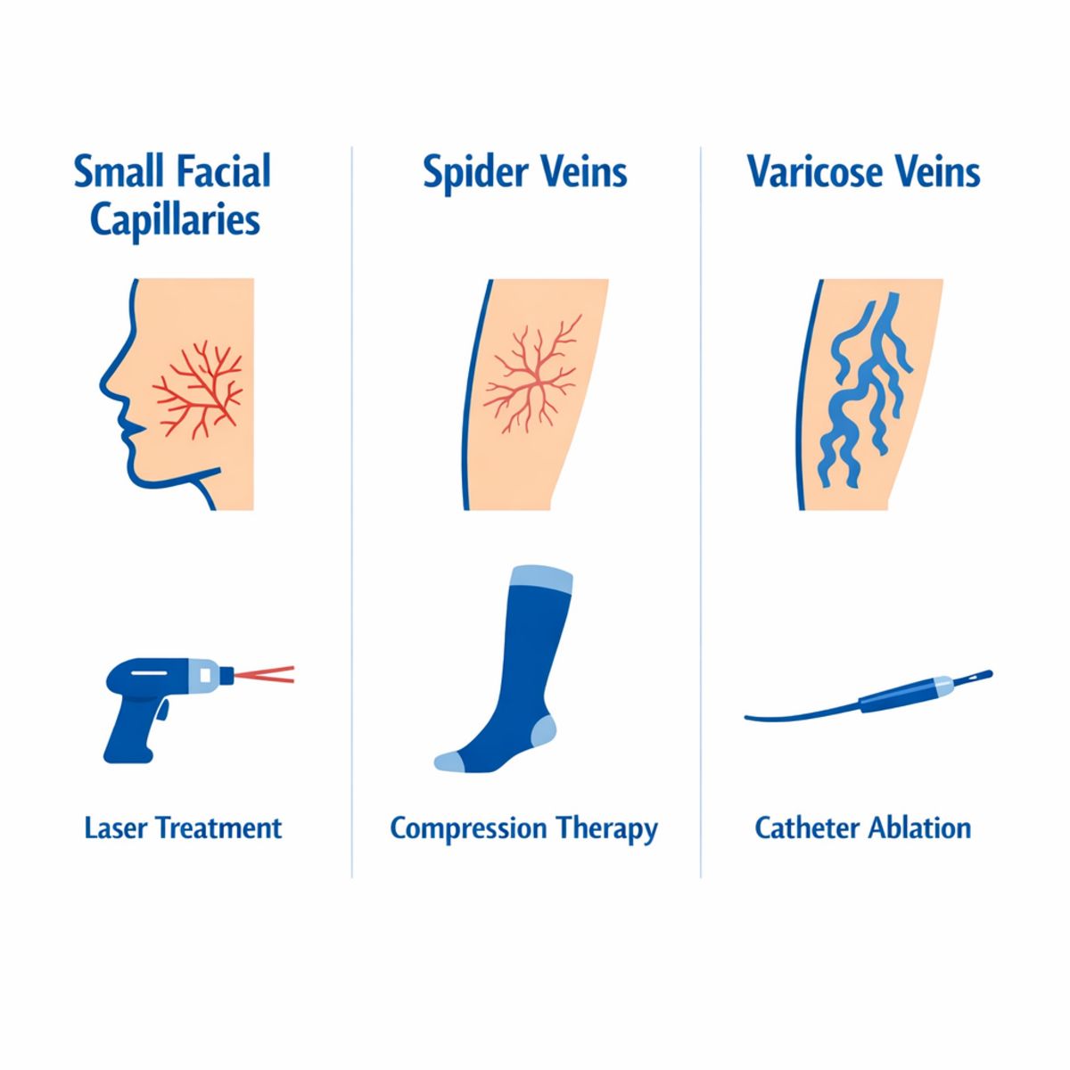 Infographic comparing facial capillaries, spider veins, and varicose veins with their treatments visually mapped.