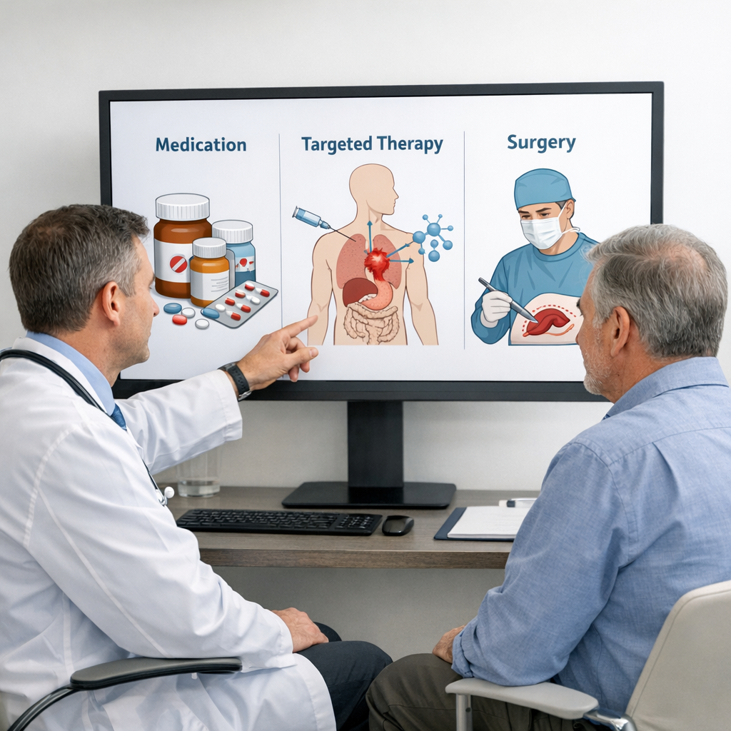 Physician and patient discussing treatment pathways with medical diagrams on monitor in clinical setting