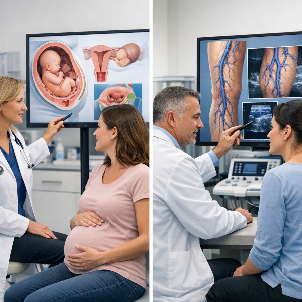 Doctor consulting with pregnant patient and postpartum patient about vein health in a bright clinical setting