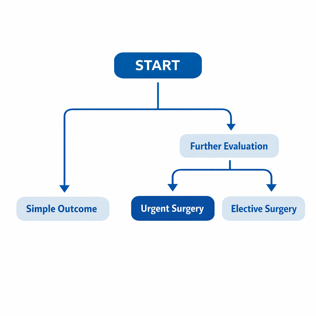 Decision-tree infographic comparing uncomplicated management and surgical pathways.