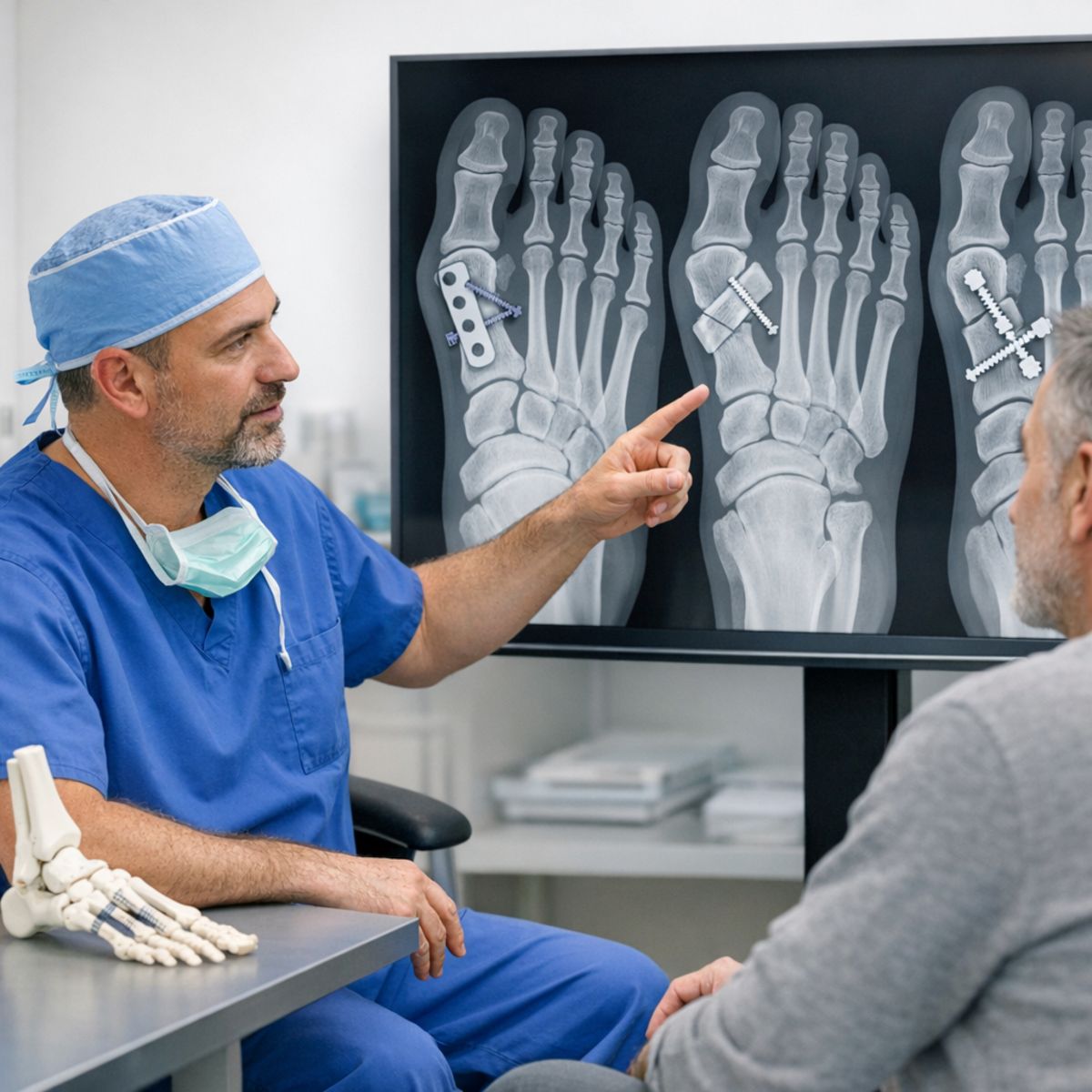 Surgeon explaining bunion correction options with foot X-ray overlays during patient consultation