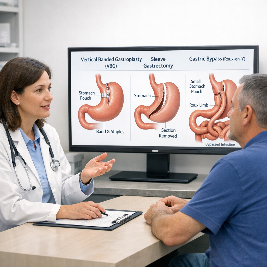 Doctor consulting with patient while monitor displays diagrams of VBG, sleeve gastrectomy, and gastric bypass procedures