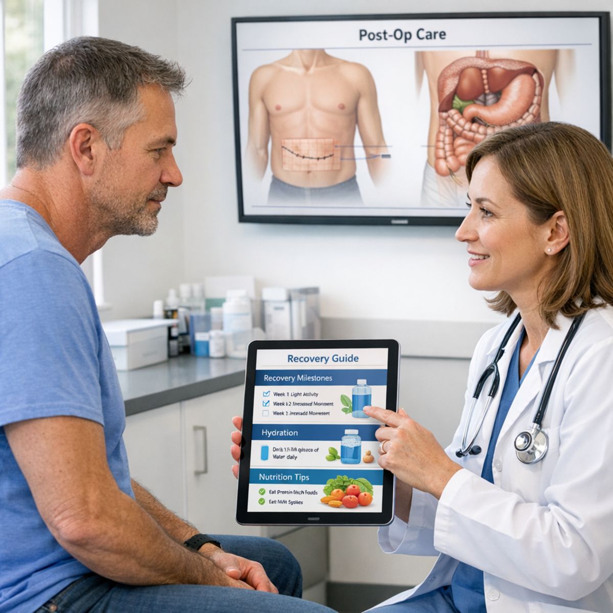 Adult patient and clinician reviewing postoperative recovery and nutrition guidance in a bright clinical exam room