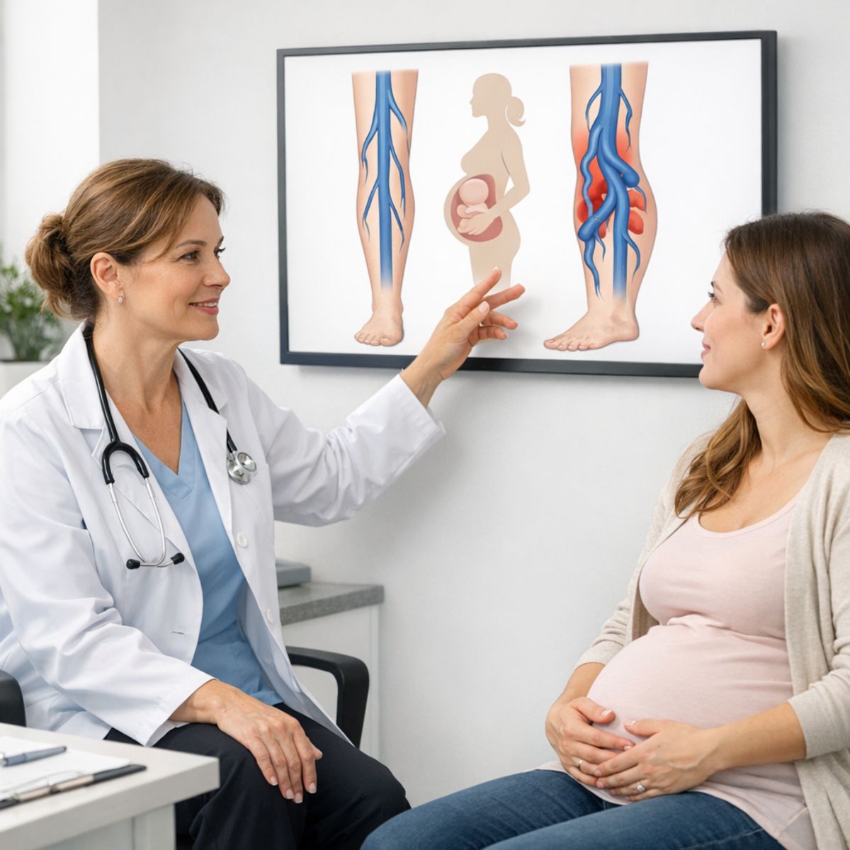Physician explains leg vein changes to pregnant woman using anatomical screen graphic in clinical office
